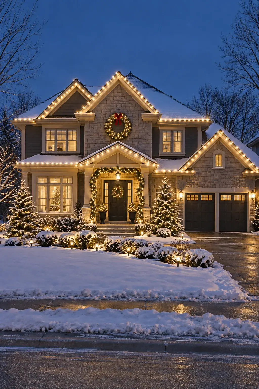 Canadian home with complete warm-white holiday lighting display