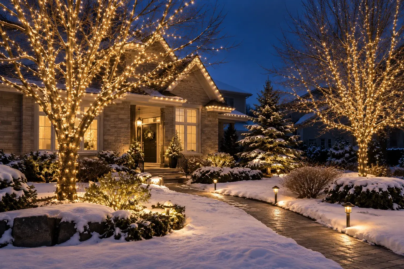 Snowy front landscape with warm-white tree and pathway lights