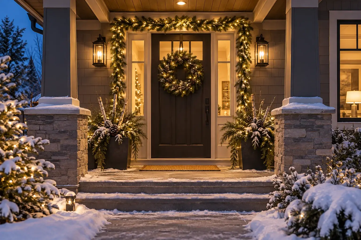 Front entry decorated with a lit wreath and evergreen garland